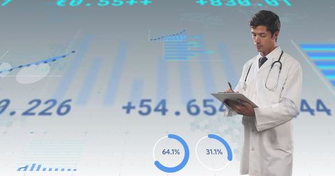 Doctor Analyzing Medical Financial Data with Graphs Overlay