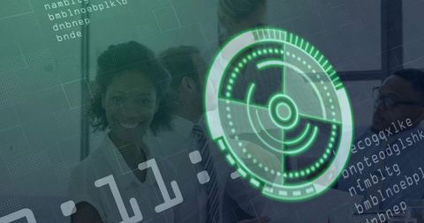 Team Collaboration with Futuristic Tech Interface Overlay in Office