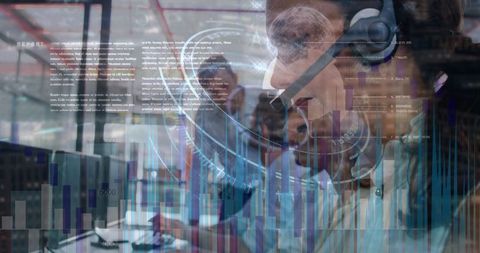 business team engaged in data analysis with headsets and digital interface - Download Free Stock Images Pikwizard.com