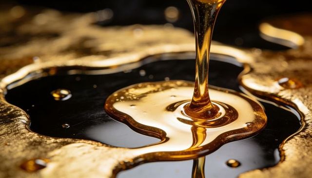 Pouring amber syrup creating glossy golden pool on dark reflective surface, macro texture