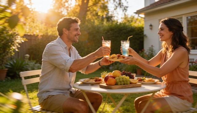 Couple toasting with colorful drinks at golden hour backyard dinner table with fruit platter