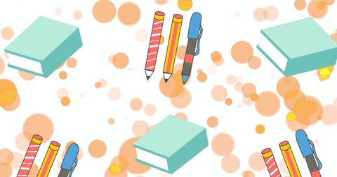 Colorful Books and Stationery with Abstract Orange Overlay
