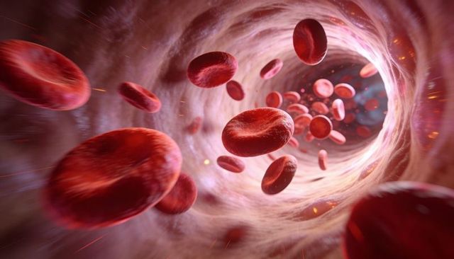 Red blood cells flowing through tubular blood vessel lumen medical 3d visualization