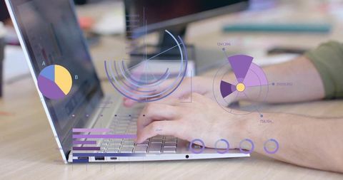 Business Analyst Typing on Laptop with Data Visualization Overlay and Dashboard Metrics
