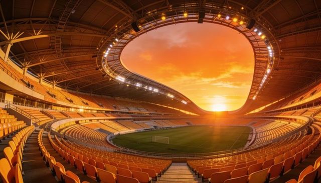 Sunset-lit empty football stadium bowl with symmetrical roofline, floodlights, green pitch