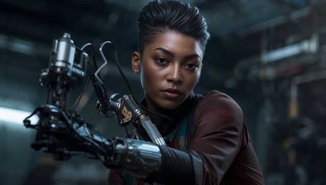 Cybernetic mechanic extending robotic arm, futuristic portrait in industrial workshop