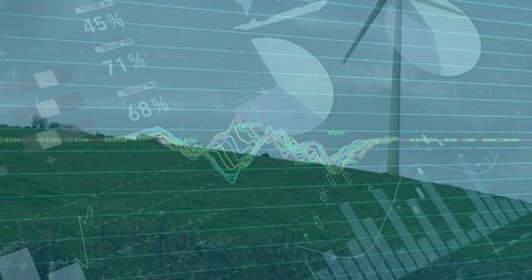 Wind turbine rising over grassy ridge with overlaid renewable energy data charts