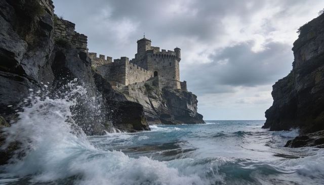 Medieval cliffside fortress overlooking roaring sea in narrow coastal cove