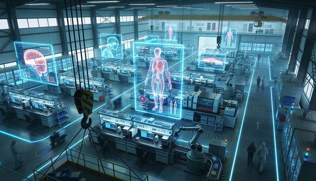 Robotic biomedical lab projecting holographic human anatomy for smart diagnostics