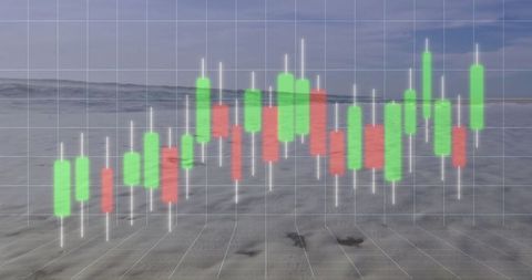 Candlestick Chart Over Scenic Beach: Market Analysis Vision