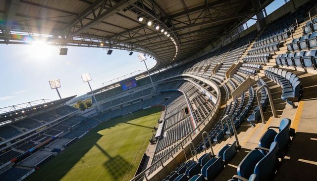 Curving tiered stadium stands overlooking empty green pitch, blue seats, floodlights