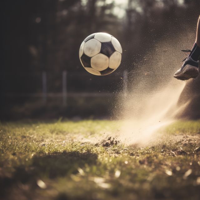 Dynamic photo capturing the moment a soccer player kicks ball, causing dust to rise from grass field. Ideal for sports websites, motivational content, or advertisements emphasizing energy and athleticism.