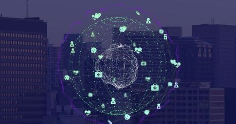 Digital Globe Network Overlay on Modern Cityscape - Download Free Stock Images Pikwizard.com