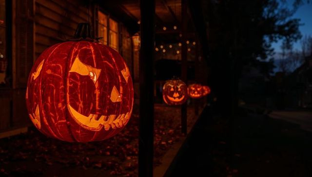 Glowing Carved Pumpkins Adorning Wood Porch at Dusk