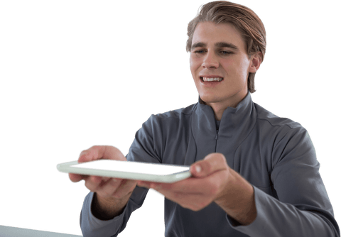 Smiling Businessman Presenting Transparent Digital Tablet Surface - Download Free Stock Videos Pikwizard.com