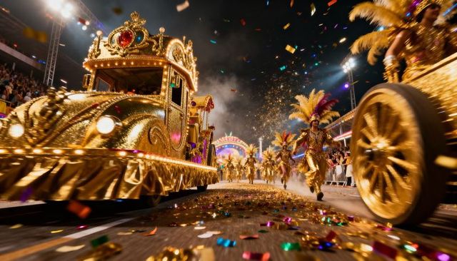 Gold carnival float gliding night parade with feathered headdress dancers celebrating