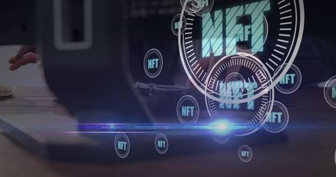 Digital asset concept with overlapping nft logos and computer