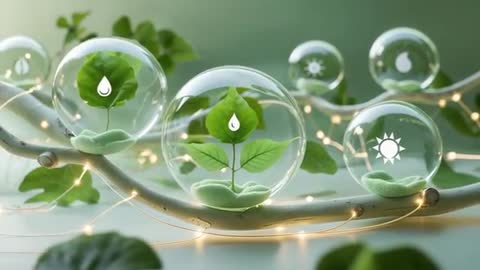 Glass Orbs with Eco-Symbols on Branch in Futuristic Setting