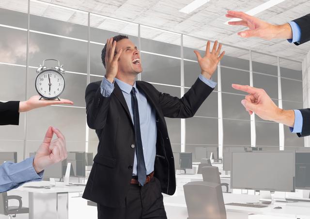 Businessman in suit standing in modern office, appearing frustrated and overwhelmed. Multiple hands point at him, one holding a clock, symbolizing pressure and deadlines. Useful for illustrating concepts of workplace stress, time management, corporate pressure, and professional anxiety.
