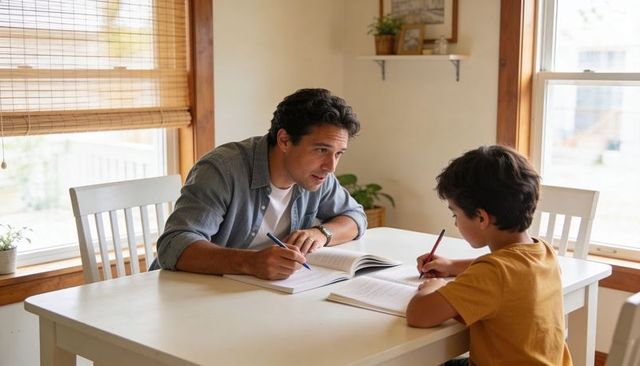 Father helping son with homework at sunlit dining table for home tutoring and learning