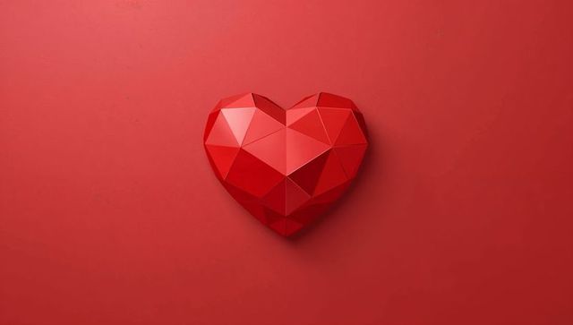 Low-poly red heart sculpture on matte red backdrop minimal geometric valentine concept