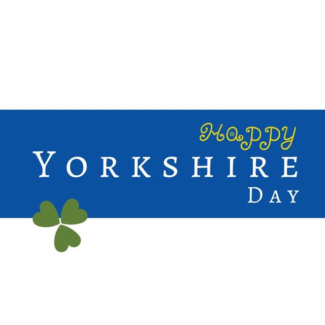 Illustration of happy yorkshire day text with green heart shapes on blue and white background. vector, copy space, patriotism, celebration, freedom and identity concept.