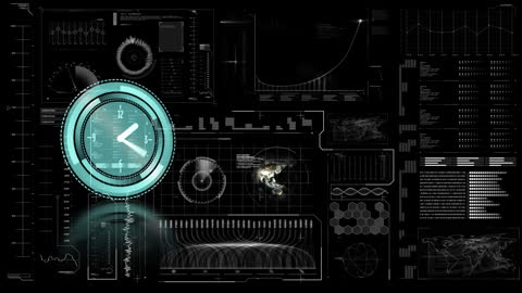 Futuristic Digital Interface with Clock and Data Charts Animation