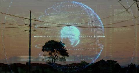 Holographic digital globe hovering over suburban dusk skyline with power lines and hud