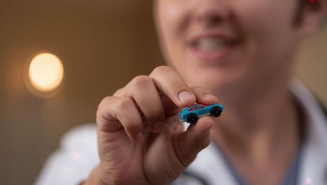 Doctor holding small blue toy car for pediatric care and child wellness clinic promotion