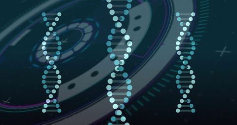 Futuristic DNA Helix Over HUD Interface Background