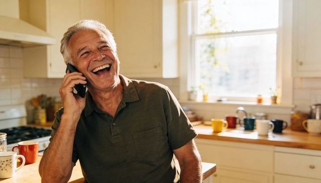 Laughing senior man talking on phone in sunlit cozy kitchen with colorful mugs, warm light