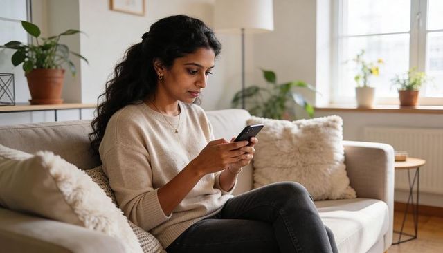 Young woman texting on smartphone while relaxing on cozy sofa in bright living room