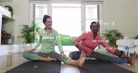 Two women stretching at home with math overlays, sunlit living room wellness session