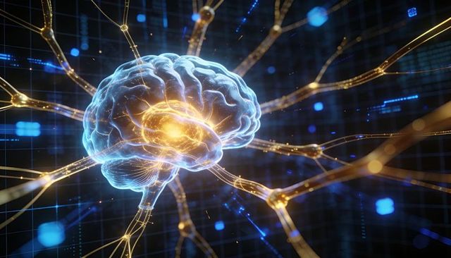 Translucent brain with glowing golden core and radiating neural network connections