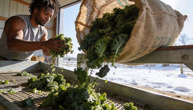 Farm worker sorting fresh kale on conveyor from burlap sack during winter harvest sunlight
