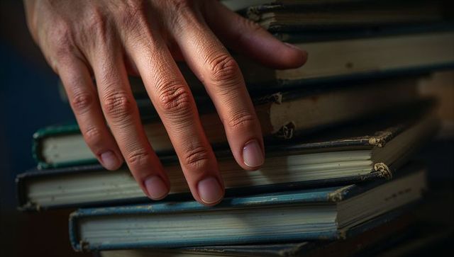 Resting Adult Hand on Stack of Worn Hardcover Books in Dim Study, Fingertips on Bindings
