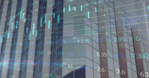 Stock market graphs overlapping city skyscrapers symbolizing financial growth