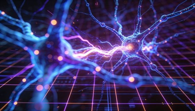 Glowing neural synapse emitting electric signals across futuristic digital grid