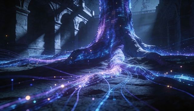 Bioluminescent tree sending neon tendrils through ruined cathedral hall