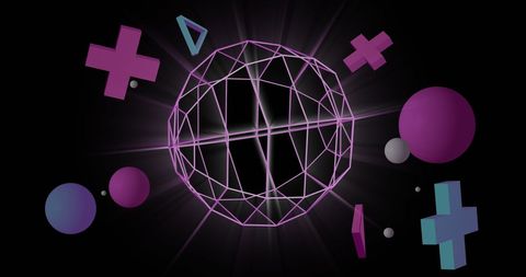Abstract 3d geometric shapes and wireframe sphere on black background