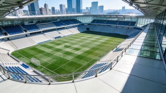 Empty modern soccer stadium featuring checkerboard grass pitch, blue seats and urban skyline