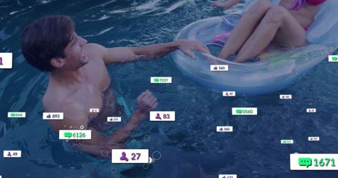Man reaching toward woman on inflatable tube in pool with social media ui overlays