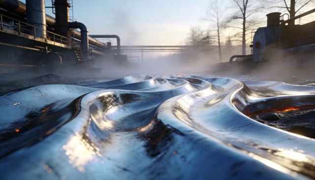 Rippling reflective metal surface flowing across industrial yard with pipelines and steam