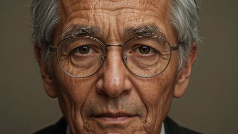 Elderly east asian old people viewed in thoughtful poise