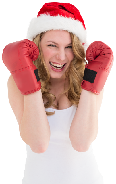 Transparent Smiling Blonde Woman Wearing Boxing Gloves with Santa Hat - Download Free Stock Videos Pikwizard.com