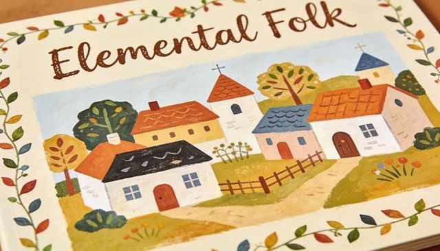 Whimsical folk-art village book cover featuring hand-painted cottages, trees, rustic border