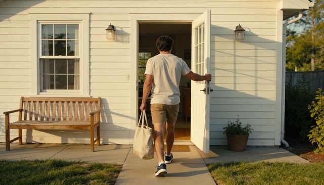 Man walking into home carrying canvas tote bag on sunlit porch with bench and potted plant