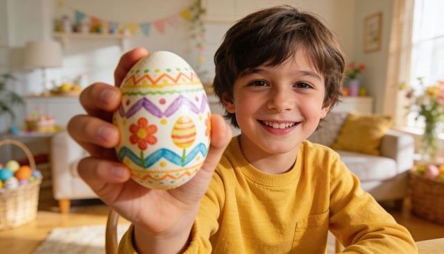 Smiling child showing hand-painted easter egg while celebrating spring crafts at home