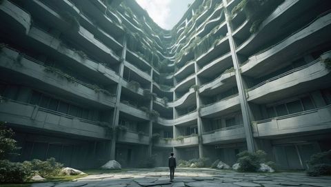 Businessman in Overgrown Urban Courtyard Contemplating Resilience