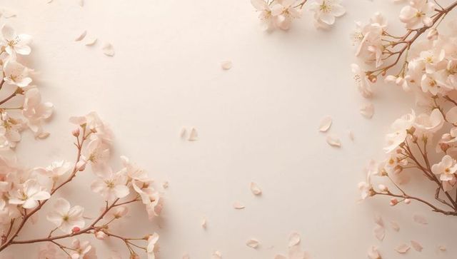 Soft pink cherry blossom flatlay with scattered petals, pastel spring floral background